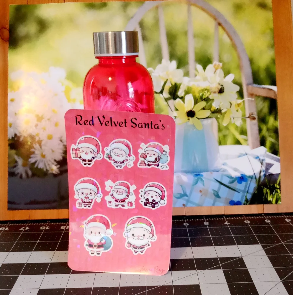 Red Velvet Santa's Sticker Set With Pink Water Bottle 25 Oz - Picture 2 of 5